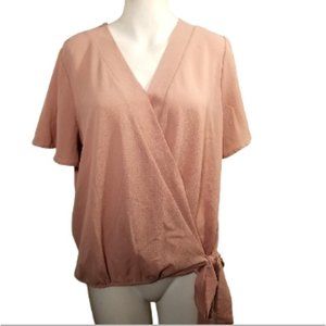 Tansy Womens Wrap Top Size L Pink V-Neck Short Sleeve Side Tie Casual Blouse